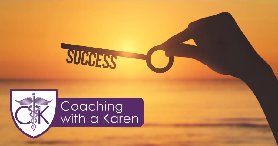 Coaching with a Karen blog graphic: a hand holds up a key labeled SUCCESS against a golden sunset over water