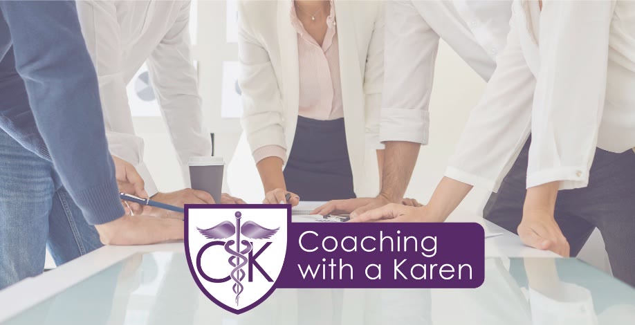 Coaching with a Karen blog graphic: a team of professionals leaning over a shared conference table