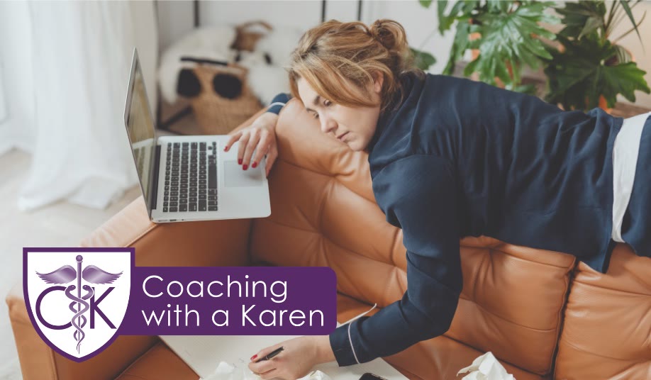 Coaching with a Karen blog graphic: an exhausted woman slumped over the arm of a couch beside her open laptop