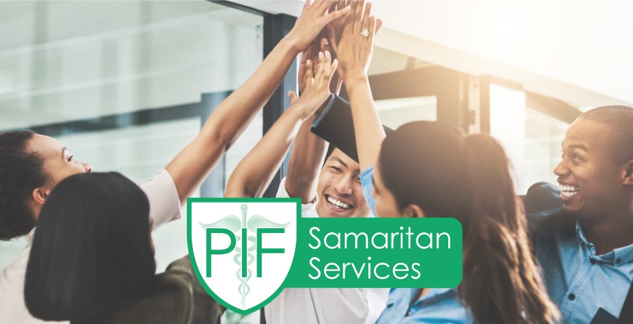 PIF Samaritan Services blog graphic: a team of smiling coworkers raising their hands together in a group high-five