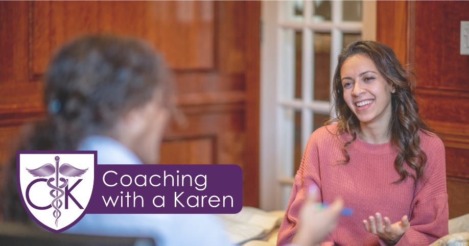 Coaching with a Karen blog graphic: a smiling woman talking with another person in a one-on-one conversation