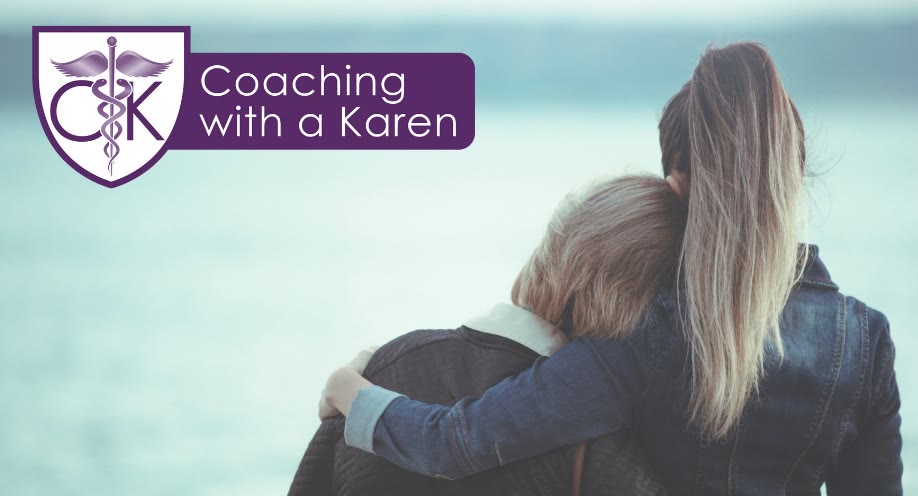 Coaching with a Karen blog graphic: one woman with her arm around another's shoulders, looking out over the water