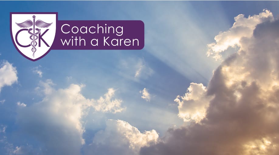 Coaching with a Karen blog graphic: rays of sunlight breaking through clouds in a blue sky