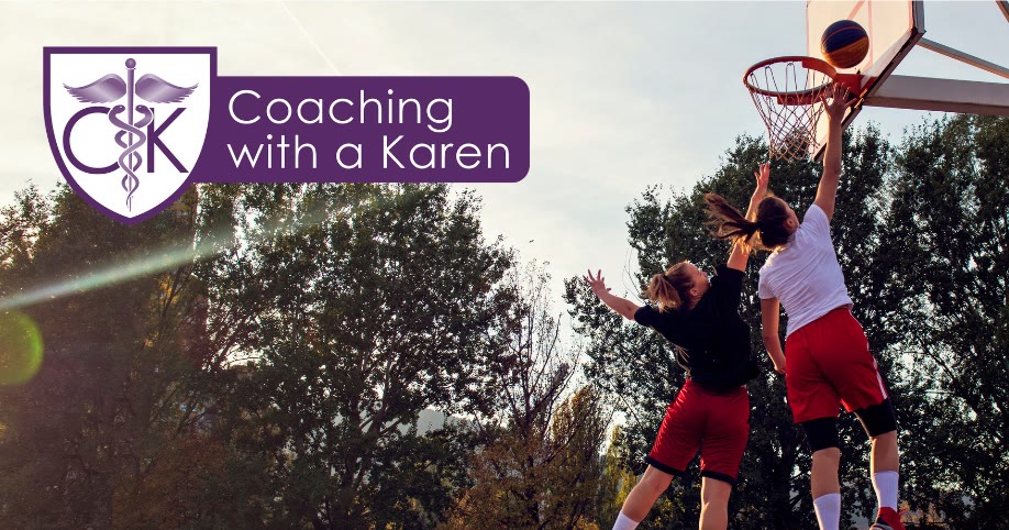 Coaching with a Karen blog graphic: two basketball players leaping at the hoop on an outdoor court