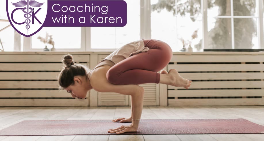 Coaching with a Karen blog graphic: a woman holding a balanced crow pose on a yoga mat in a bright room