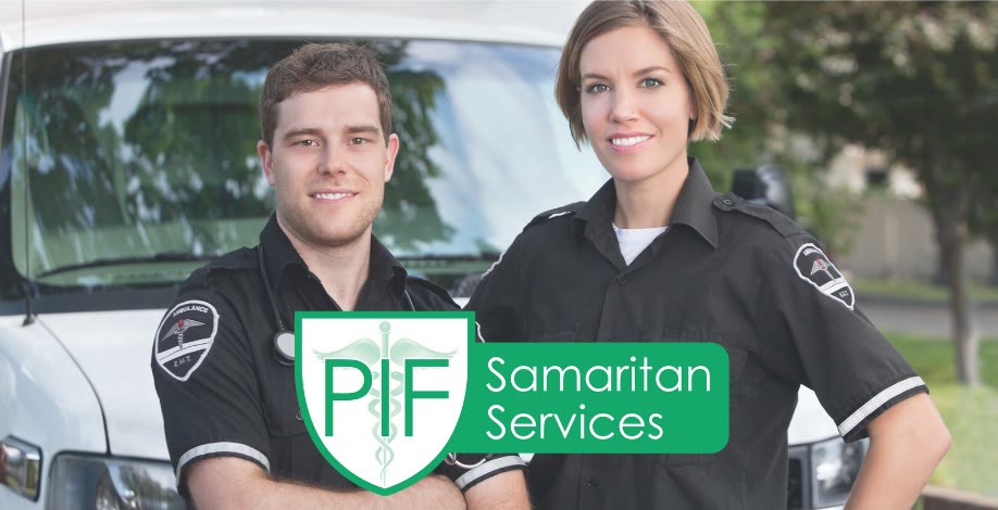 PIF Samaritan Services blog graphic: two smiling paramedics in uniform standing in front of an ambulance