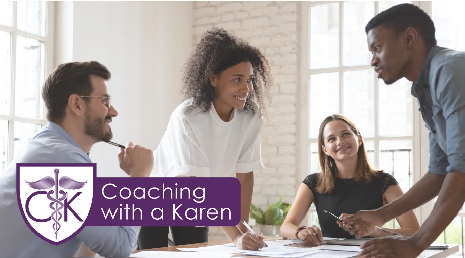 Coaching with a Karen blog graphic: four colleagues smiling and collaborating around a work table