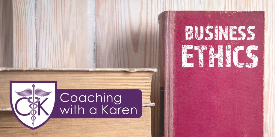 Coaching with a Karen blog graphic: a red book titled Business Ethics standing beside a stack of old books
